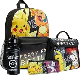 Pokémon Mochila Escolar Set Mochilas Escolares 4 Piezas con Botella de Agua Bolsa Almuerzo Estuche Infantil o Cartera Anime Material Escolar (Negro/Amarillo Set 4 Pzs)