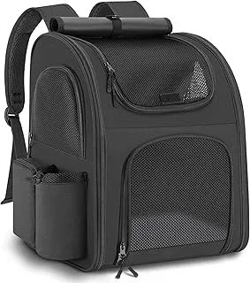 Mochila para Gatos Perros, Mochila Transportin Gato Perro 10kg, Ventanas de Malla Transpirable Bolso para Perros Pequeños Gatos Mascotas con Correa de Seguridad y Alfombra para Mascotas - Negro