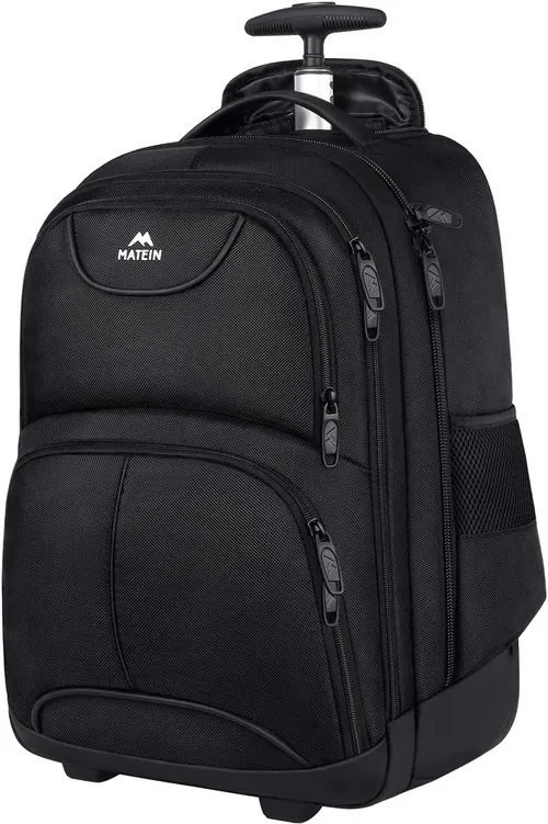 MATEIN Mochila con Ruedas Adulto, Mochila Ruedas Mochila Portatil 17 Pulgadas con Ruedas Mochila Viaje Cabina Avion para Hombre y Mujer Trabajo Negocio Universidad Uso Diario, Negro