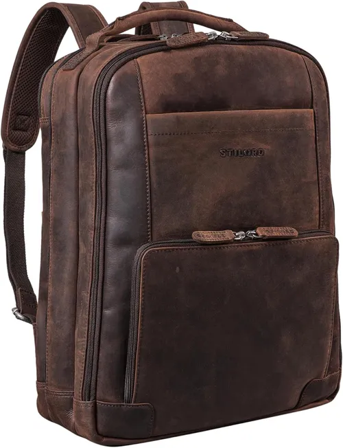 STILORD Harlow Mochila de Cuero XL para Hombres | Gran Mochila Piel de Negocios para Portátil de 15-17 Pulgadas | Sistema de Enganche al Carrito | Cuero Auténtico Color:Zamora - marrón