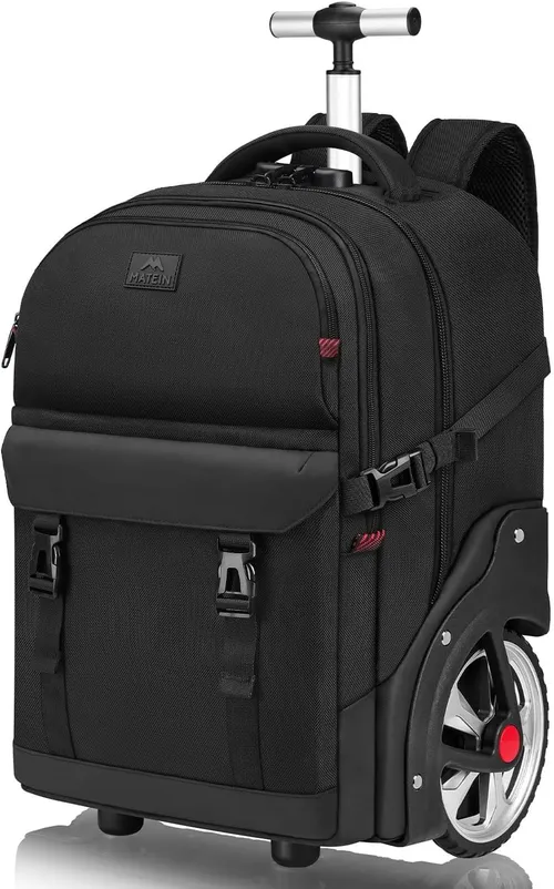 MATEIN Mochila con Rueda Adulto, Trolley con Ruedas Grande 50L Antirrobo Impermeable Hombre Maleta con Ruedas Ocultables y Compartimento Portatil 17 Pulgadas para Viaje, Trabajo, Universidad, Negro