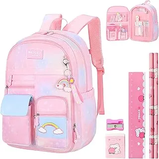 Aedcbaide Bolsas escolares para niñas con juego de papelería, mochila para niños con puerta de refrigerador, mochila para escuela primaria, mochila escolar rosa ligera para niñas de 8 a 10 años