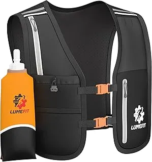 LUMEFIT Chaleco Running Mochila Hidratacion Trail Running con Soporte para Teléfono - 6 Bolsillos y Botella 500ml, Reflectante - Ideal para Senderismo, Maratón, Escalada - para Hombres y Mujeres