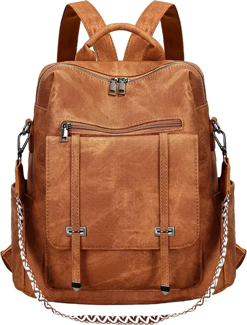 Leathario Mochila Mujer de Cuero PU con Multibolsillos, Mochila Casual y Funcional para Uso Diario, Viajes, Escuela y Universidad Marrón Mate