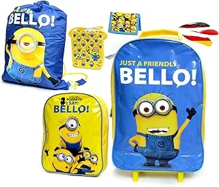 njoyn Minions - Juego de maletas para niños (5 piezas, equipaje de viaje de alta calidad y bolsas, diseño de Minion, carteras, mochila escolar, bolsa de gimnasio, bolso bandolera, cartera para deportes,