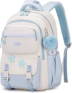 Amythe Mochilas Escolares para Niñas Adolescentes Mochila Infantil Grande para Chicas 10 12 14 años con Colgante de Pompón, Mochila Colegio de Viaje Casual, Apta para Carrito, Azul