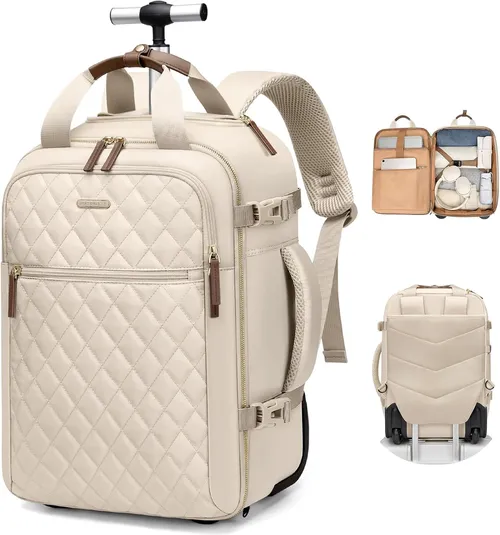 Mochila con Ruedas para Portátil 17 Pulgadas, Mochila Grande para Hombre Mujer Antirrobo Impermeable con Ruedas Ocultables Puerto, Escolar Negocio Trabajo Diario Viaje, Almendra