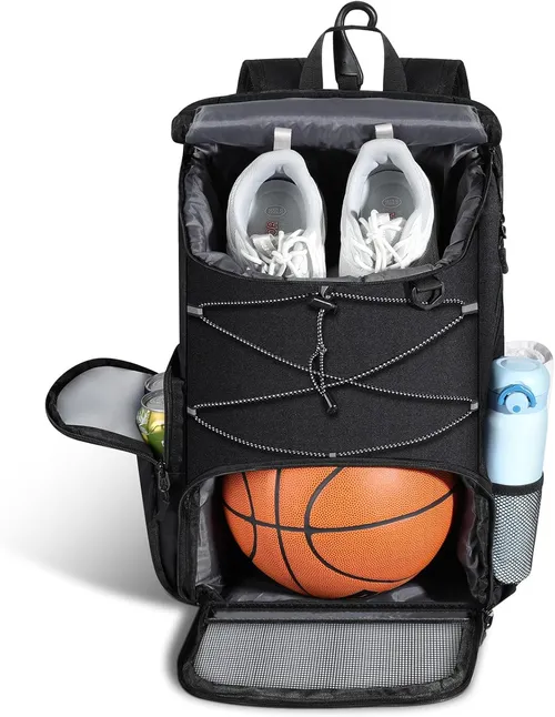 MoKo Bolsa de Baloncesto, Mochila de Baloncesto con Bolsa Transpirable para Zapatillas, Mochila con Múltiples Bolsillos, Gancho Oculto para Valla y Puerto de Carga, Negro