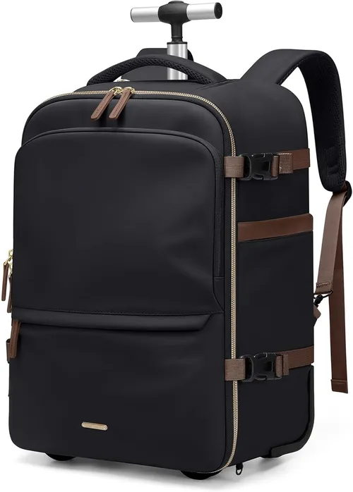 GOLF SUPAGS 32L Mochila con Ruedas, Mochila Viaje Cabina Avion, Mochila para Portátil de 17 Pulgadas con Ruedas Ocultables, para Viajes Cortos, Universidad, Trabajo Diario (Negro)