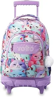 TOTTO Mochila Escolar con Ruedas, Modelo Renglones, Capacidad 26,21 Litros, Bolsillo para PC 15,4", Bolsillo Botella, Correas en S para Mayor Comodidad, Resistente, Estampado Mewsy 3D